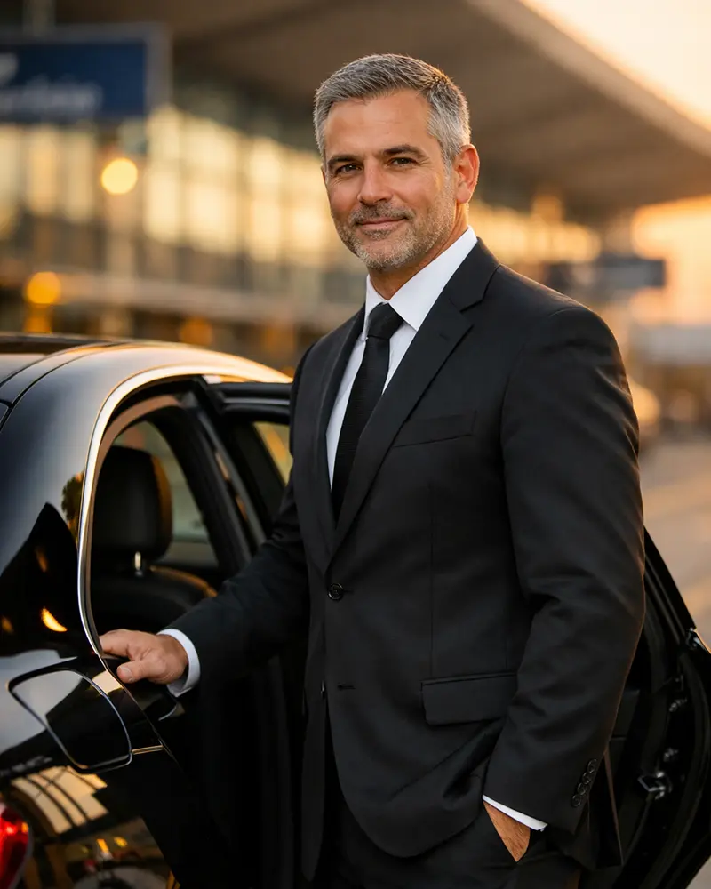 Licensed chauffeur in professional attire standing beside black luxury sedan at Newark Airport terminal