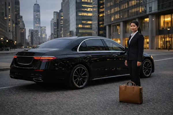 First class black sedan Financial District Manhattan pickup for Newark Airport