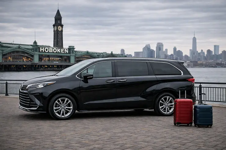 Executive car service on Hoboken waterfront for Newark Airport transfer