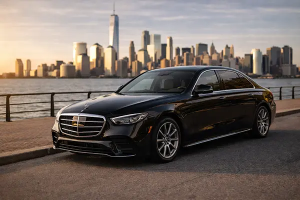 First class black sedan Hoboken waterfront pickup for Newark Airport