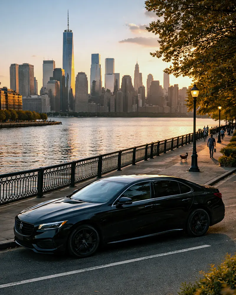 Hoboken waterfront with professional black car service to Newark Airport