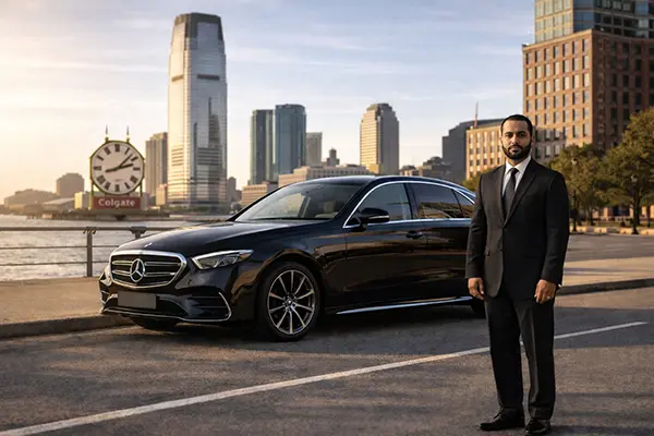 Black sedan Jersey City downtown pickup for Newark Airport car service