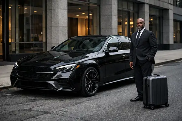 Black sedan Manhattan office pickup for Newark Airport car service