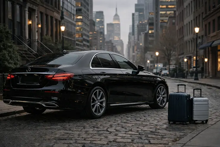 Black car service picking up executive in Midtown Manhattan for Newark Airport transfer