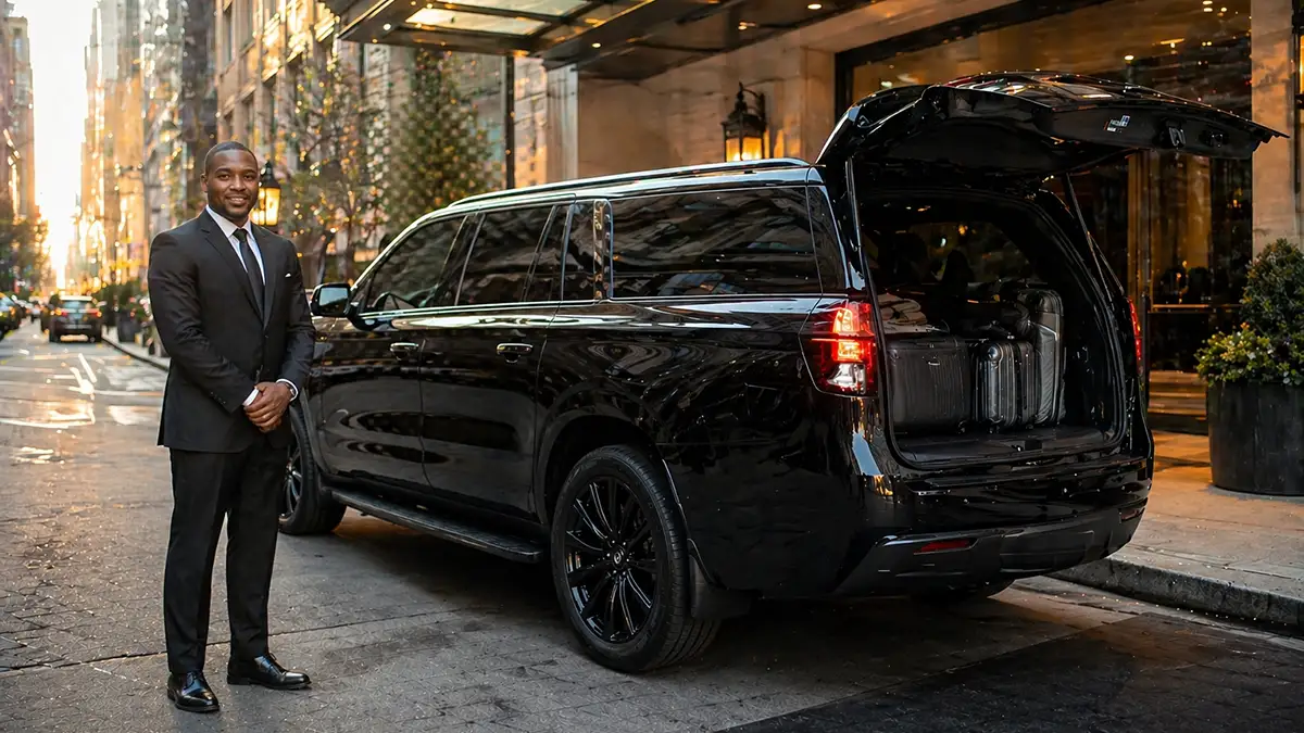 Black Chevrolet Suburban parked at Manhattan hotel entrance at dawn for Newark Airport family pickup