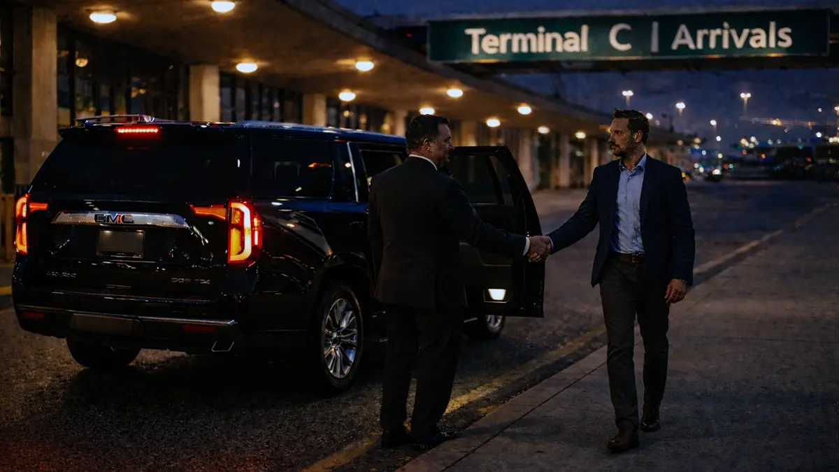 EWR car service pickup at Terminal C arrivals curb Newark Airport