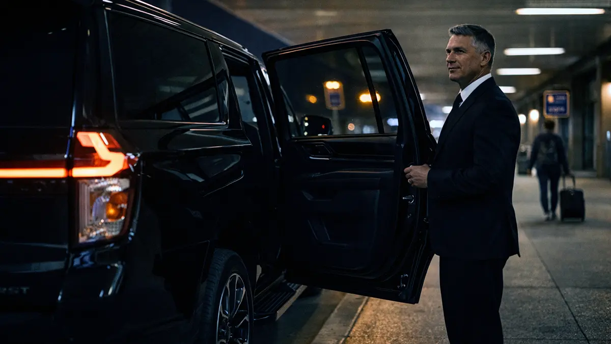 Black car service waiting at Newark Airport arrivals curb at night versus empty parking shuttle stop