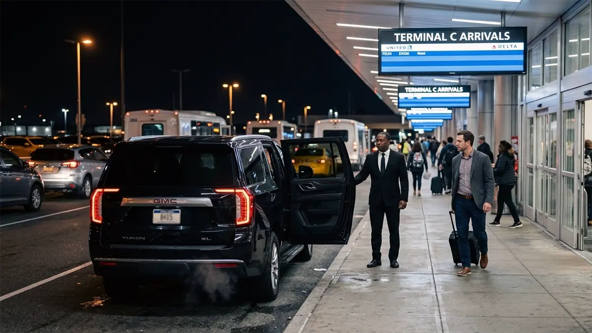 EWR to Brooklyn car service return trip Terminal C arrivals curb pre-booked pickup