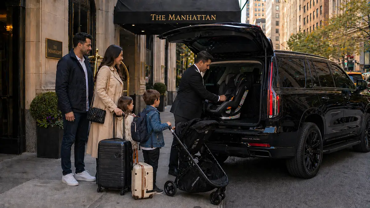Child seat airport transfer NYC family loading SUV with stroller and luggage at Manhattan hotel