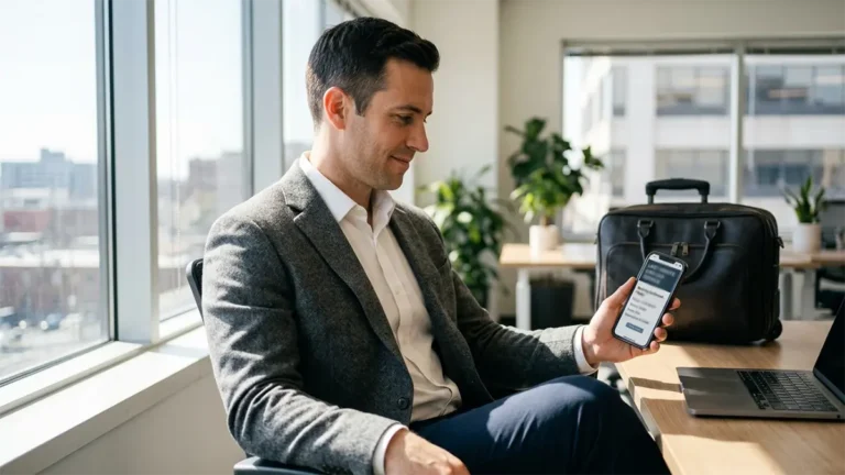Business traveler on phone confirming same-day last minute car service to Newark Airport EWR