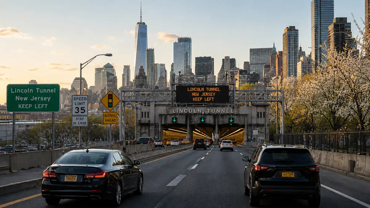 Lincoln Tunnel route from Midtown Times Square heading to Newark Liberty Airport