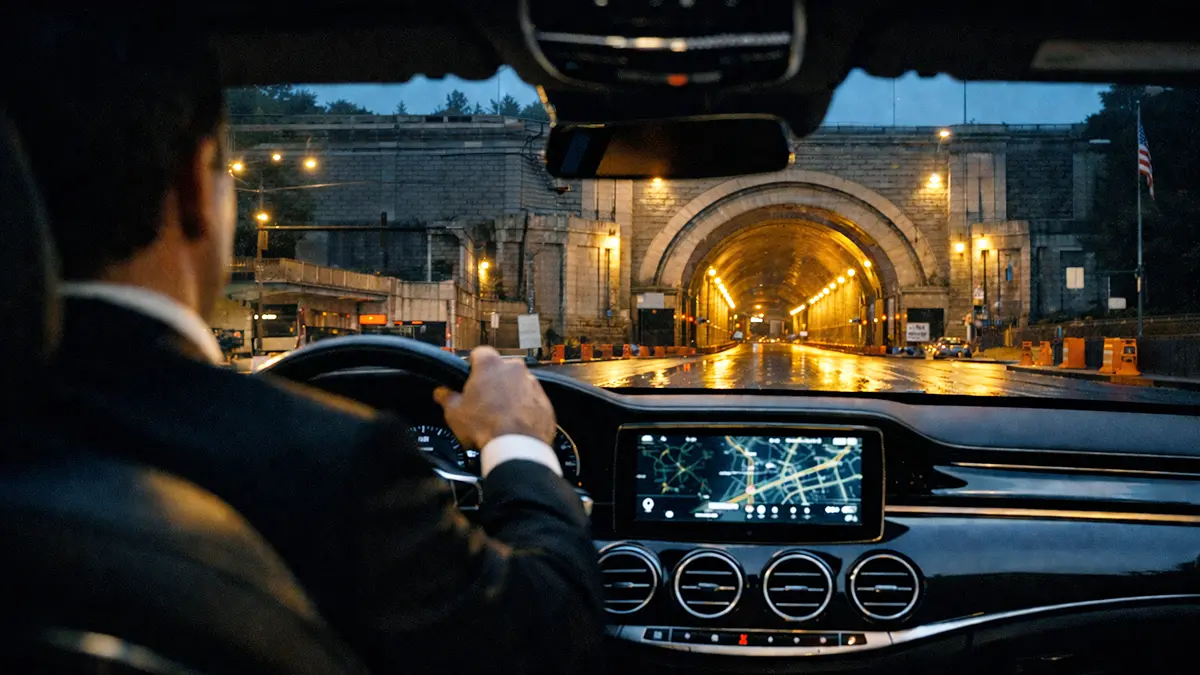 Manhattan to EWR car service pre-dawn Lincoln Tunnel approach Newark Airport