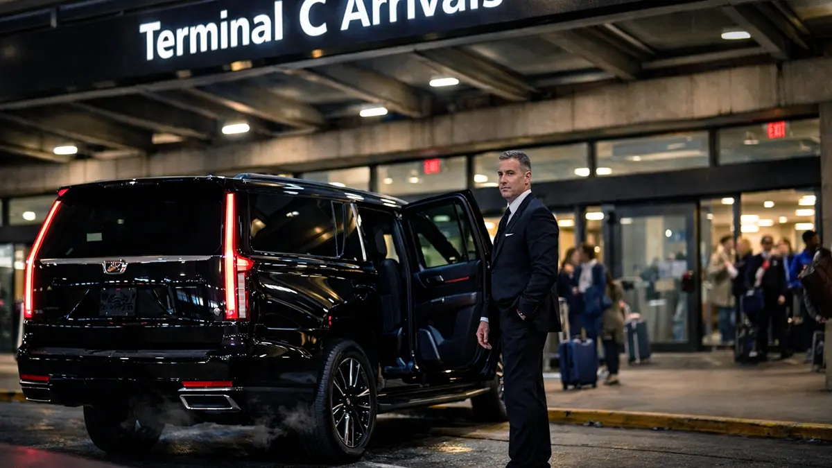 Pre-booked black car service waiting at Newark Airport Terminal C arrivals curb for Manhattan return trip