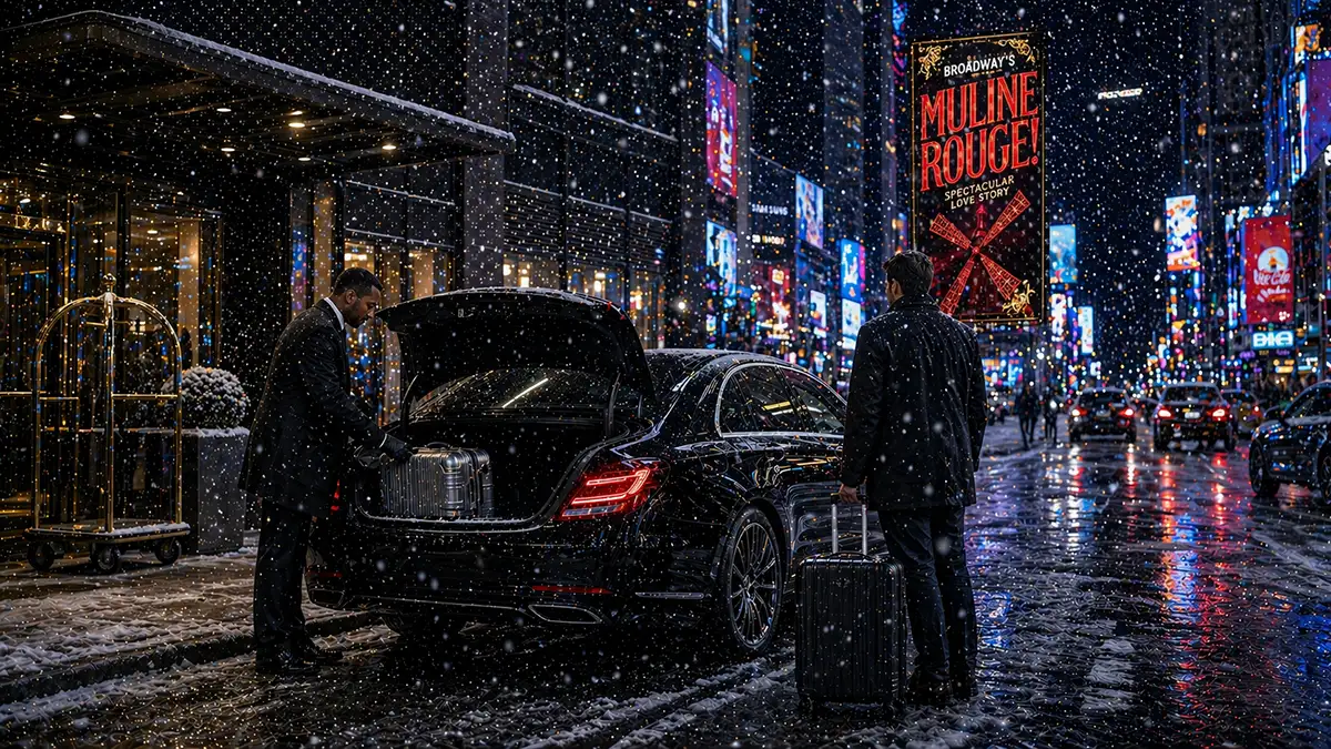 Midtown Times Square hotel SUV pickup loaded with family luggage for Newark Airport