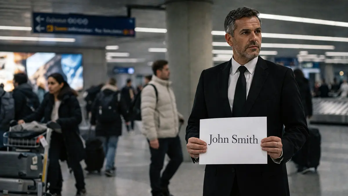 Professional chauffeur holding digital meet and greet name sign inside Newark Airport Arrivals Hall