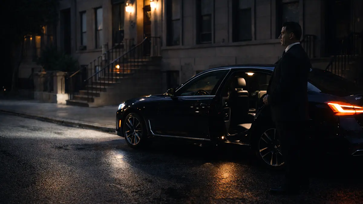 Pre-booked car service waiting outside Newark Airport early morning before dawn
