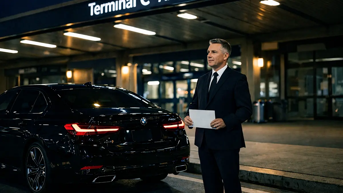 Professional chauffeur waiting at Newark Airport Terminal C arrivals curb late at night for last minute pickup