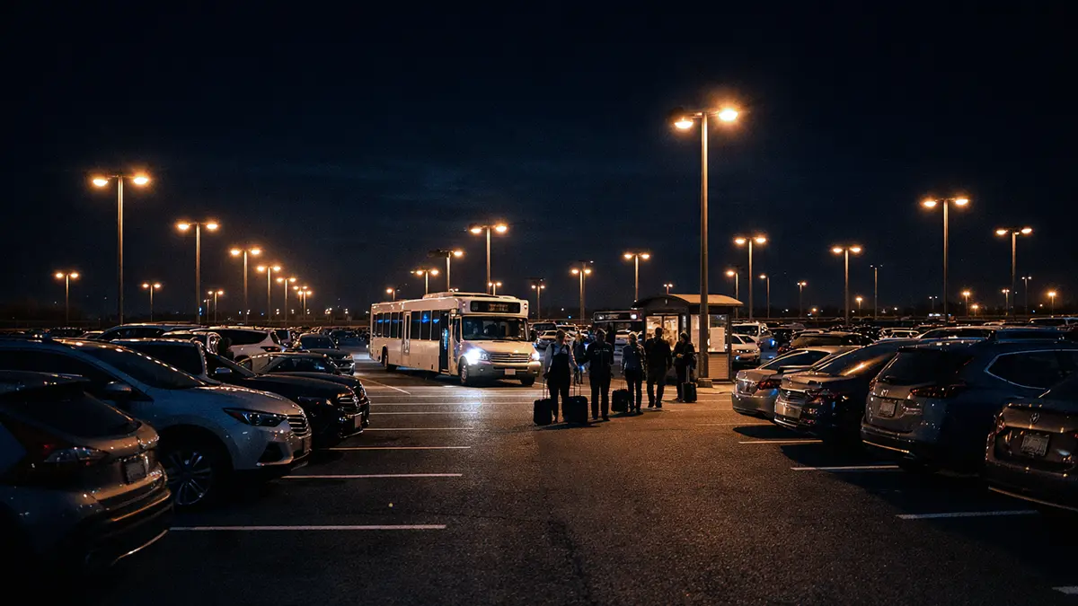 Newark Airport P6 economy parking lot with shuttle bus and travelers pulling luggage at night