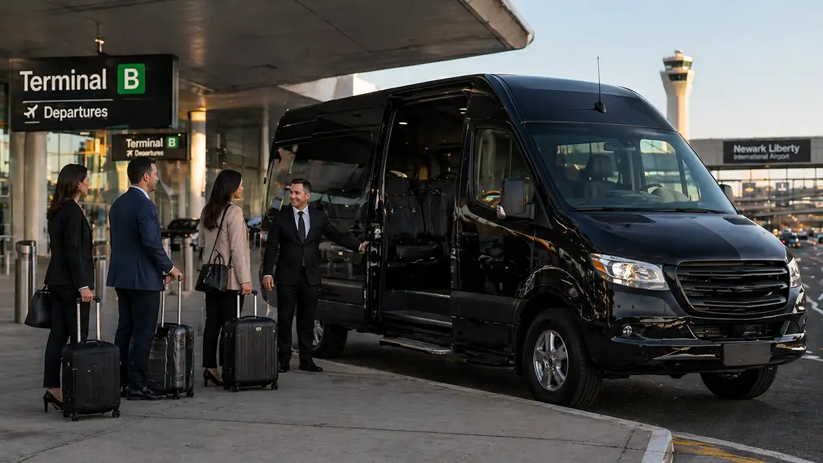 Sprinter van at Newark Airport terminal B departure curb with corporate group