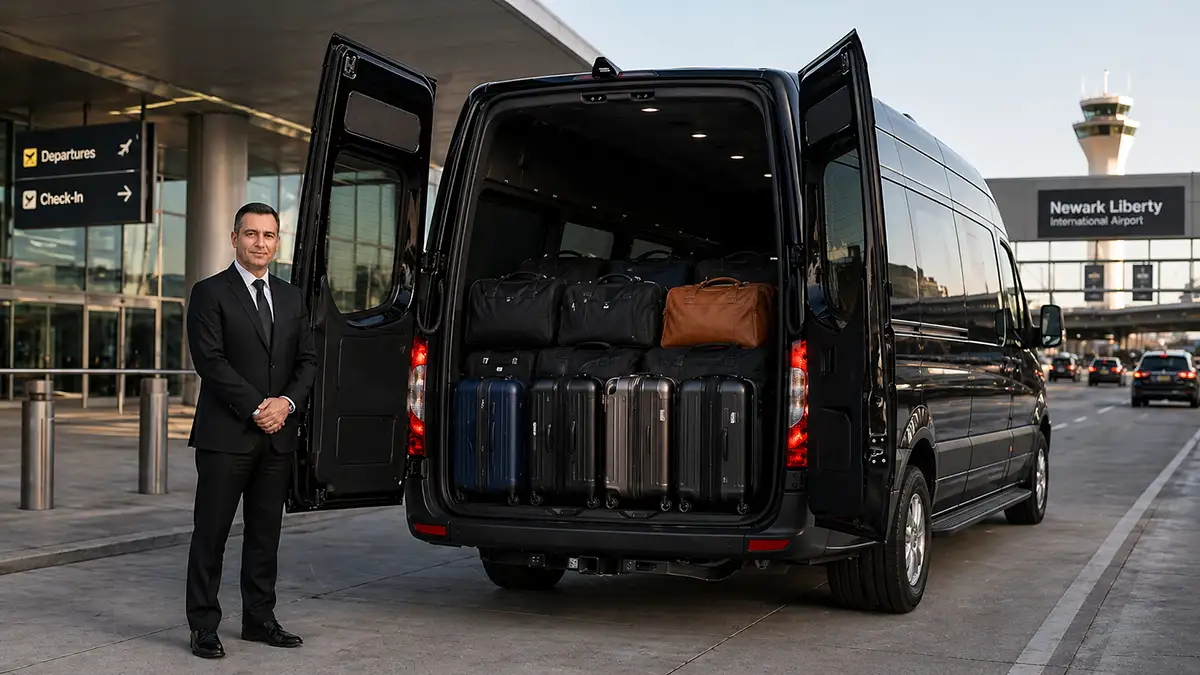 Sprinter van open rear cargo area showing luggage capacity for Newark Airport transfer