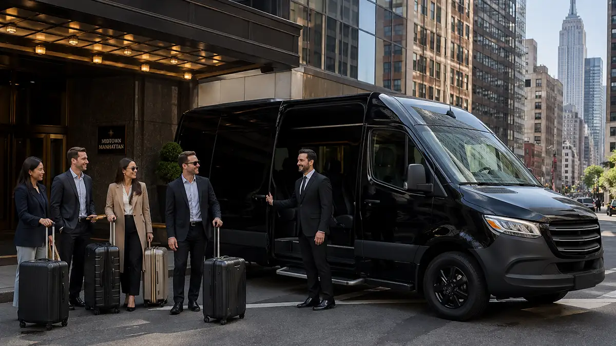 Sprinter van Manhattan to EWR with group of business travelers and luggage outside Midtown Manhattan hotel