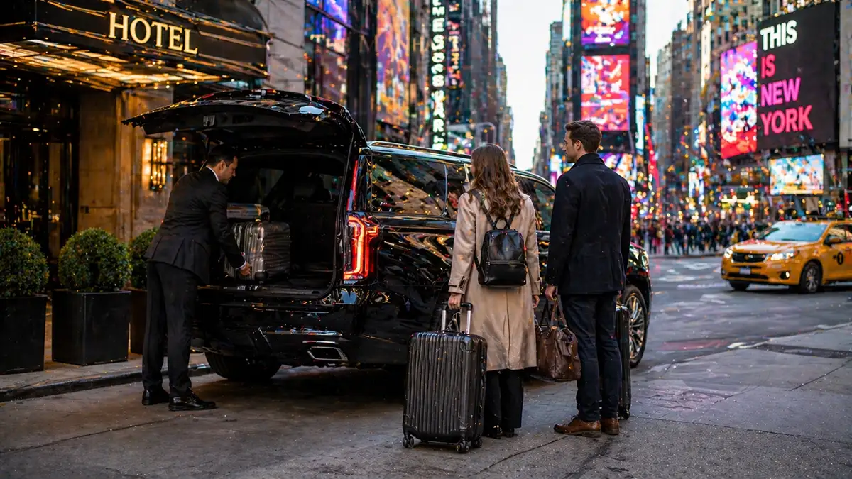 Black SUV providing Times Square to EWR car service for hotel guests with luggage