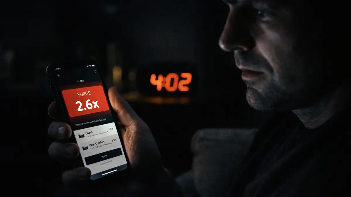 Uber app showing surge pricing at 4am Newark Airport departure