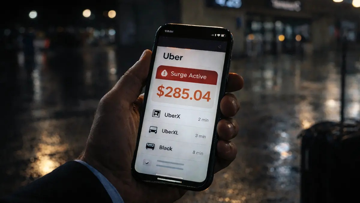 Uber app showing surge pricing for Newark Airport early morning trip