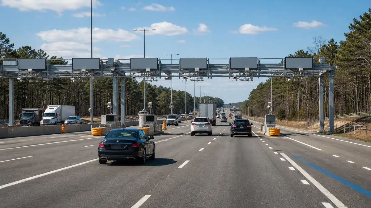 AC Expressway toll plaza eastbound approach with E-ZPass lanes