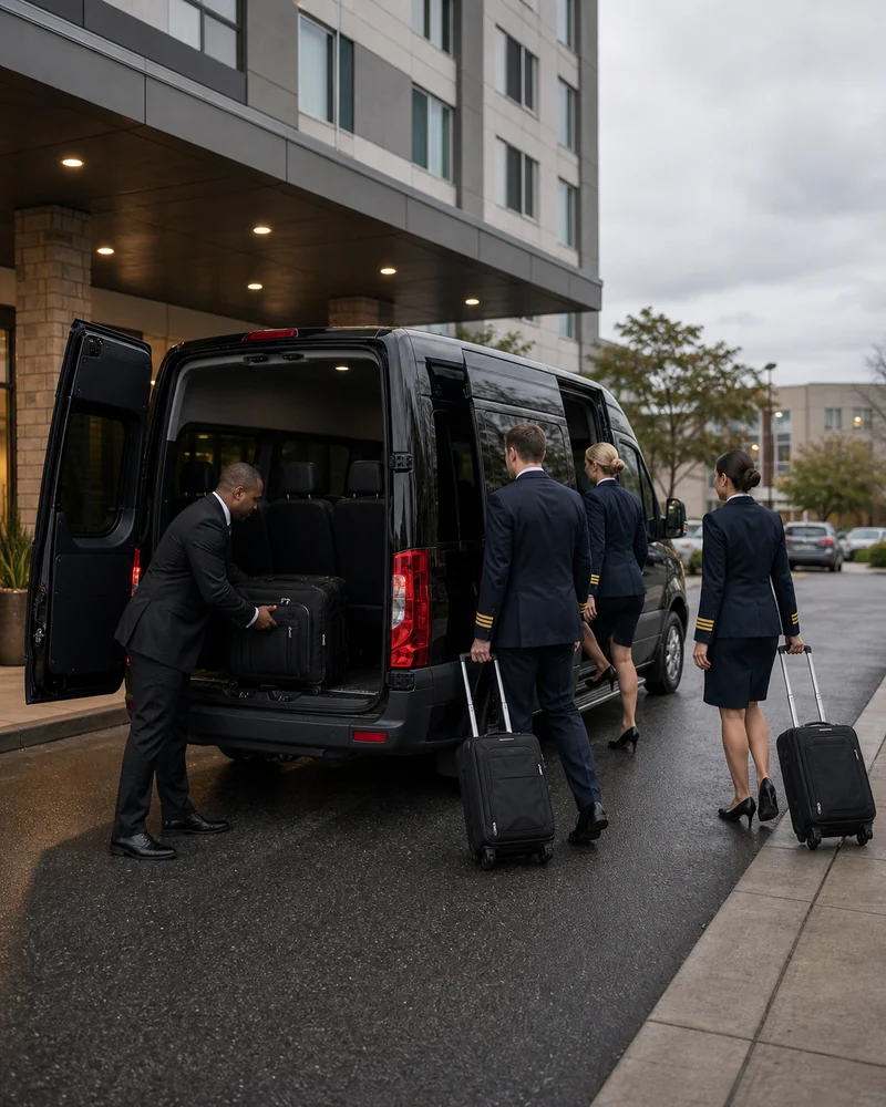 Airline crew shuttle van loading a flight crew outside an Elizabeth hotel near Newark Airport