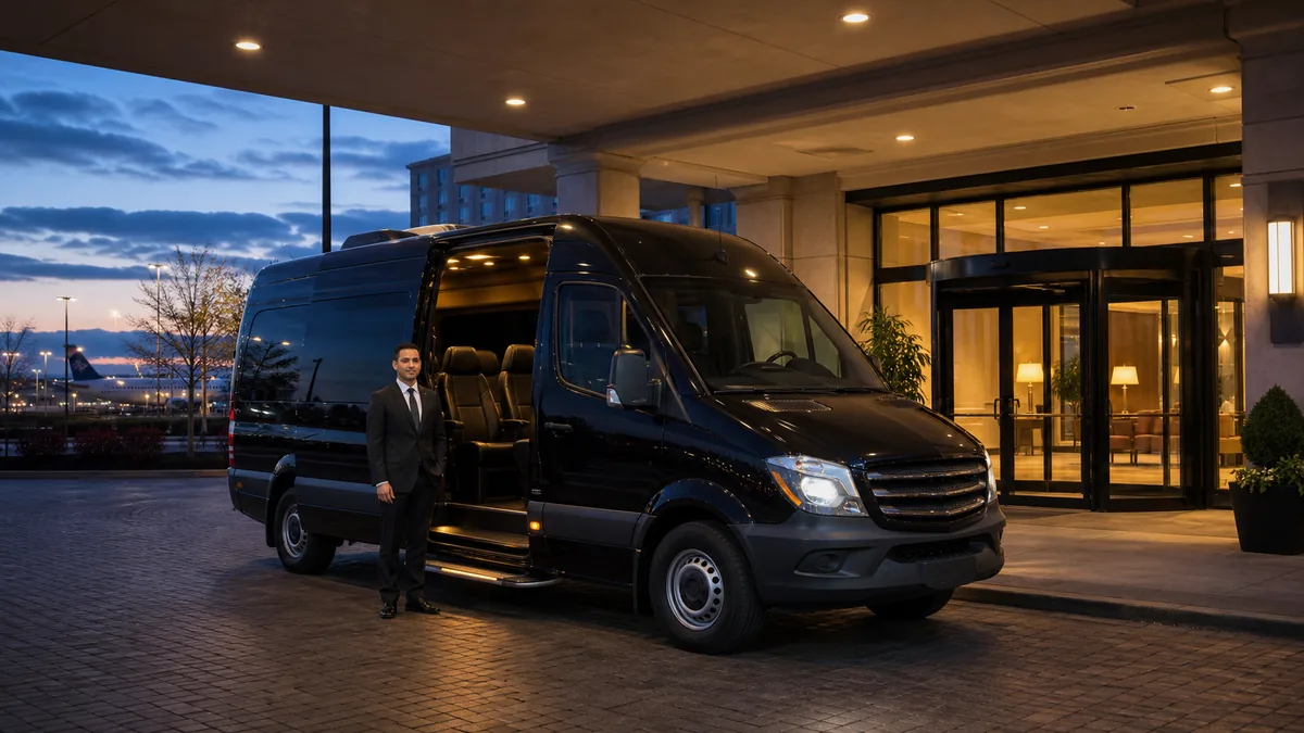Airline crew transportation services vehicle staged outside a Newark Airport crew hotel before dawn