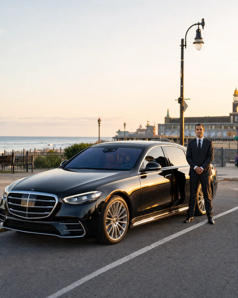 Asbury park car service from Newark airport: black SUV at the Asbury Park boardwalk near Convention Hall at dusk