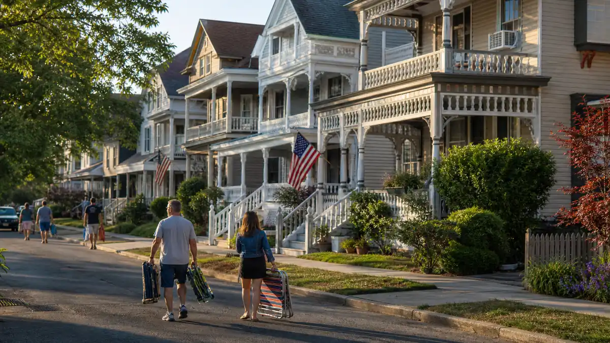 Walking and parking for Asbury Park PorchFest 2026: a quiet residential street of historic shore houses with people walking between them carrying folding camp chairs