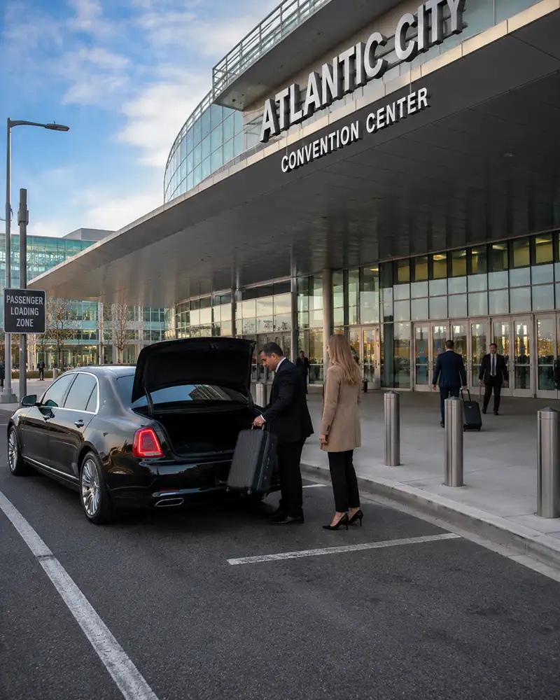 Atlantic City Convention Center main entrance off Mississippi Avenue with car service drop-off zone