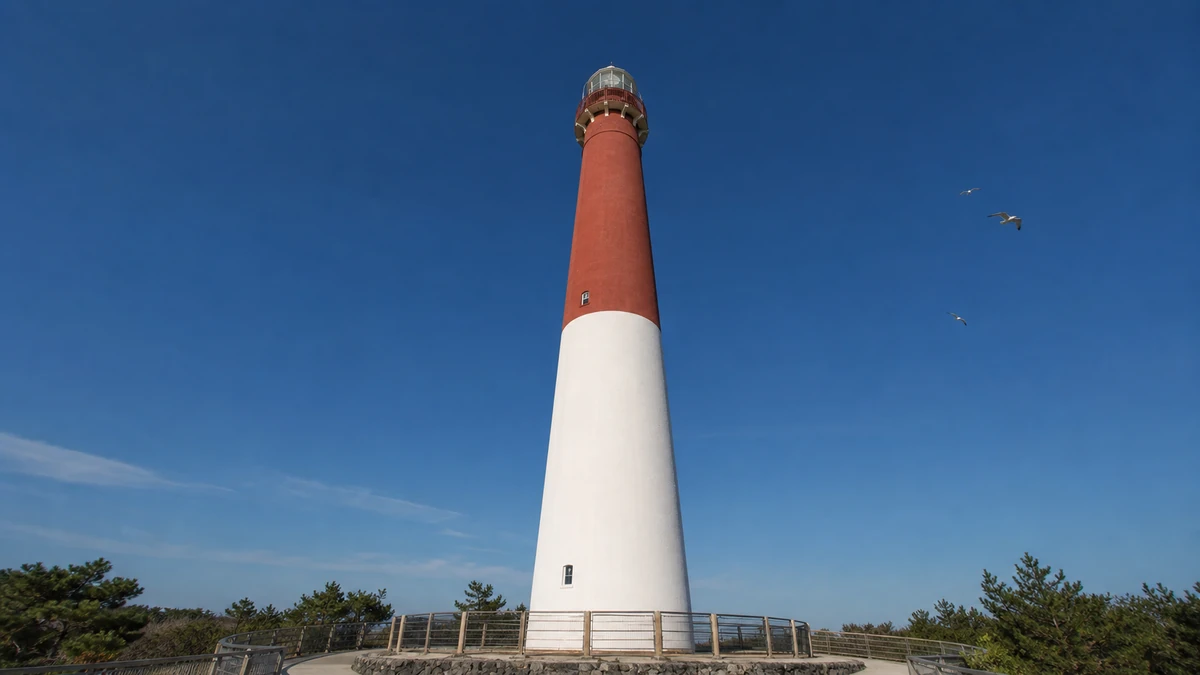 Barnegat Lighthouse at the north tip of Long Beach Island, red and white shaft against a blue sky