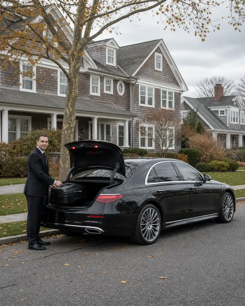 Black sedan residential pickup at a Bay Head shingle-style home in late fall