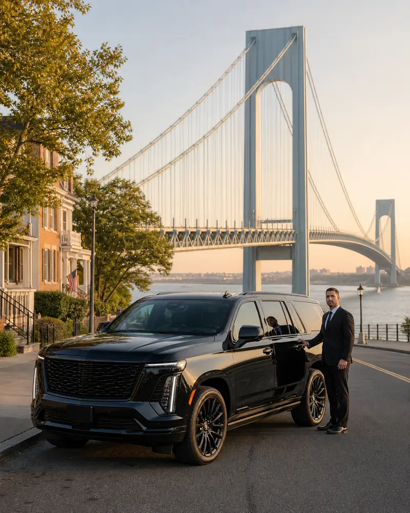 Brooklyn car service pickup in Bay Ridge with the Verrazzano-Narrows Bridge on the way to EWR