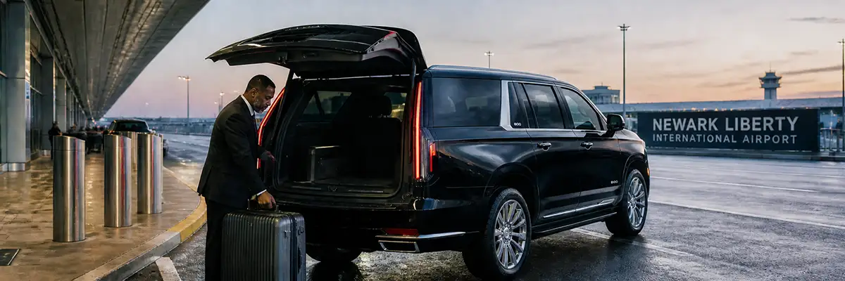 Chauffeur loading luggage into a black SUV at Newark Liberty International Airport at twilight