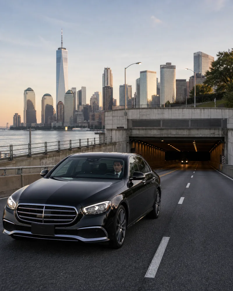 Brooklyn to Newark Airport car service approaching the Hugh L. Carey Battery Tunnel toward EWR