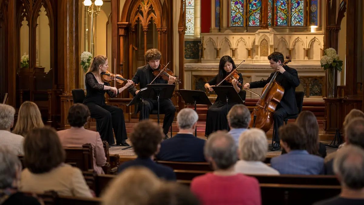 Cape May Music Festival 2026 chamber concert in a historic venue: a classical chamber ensemble performing inside a historic seaside church with ornate woodwork