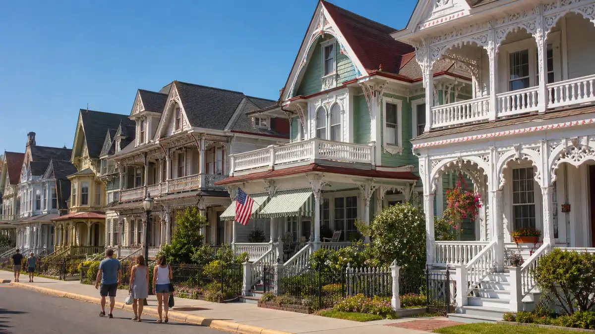 Visiting Cape May for the 2026 Music Festival: Victorian gingerbread houses lining a sunny Cape May street with people walking
