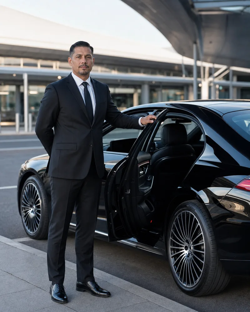 Professional chauffeur in dark suit standing by a polished black sedan at the Newark Airport curb