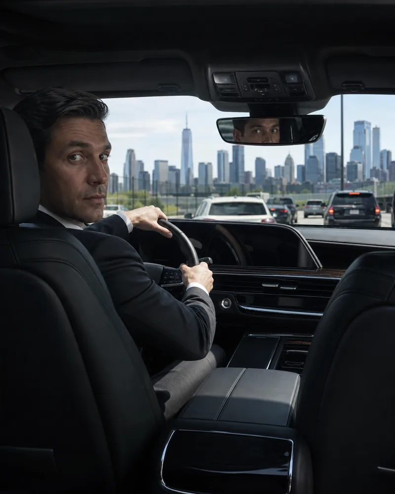 Chauffeured Teterboro to NYC car service interior approaching Manhattan