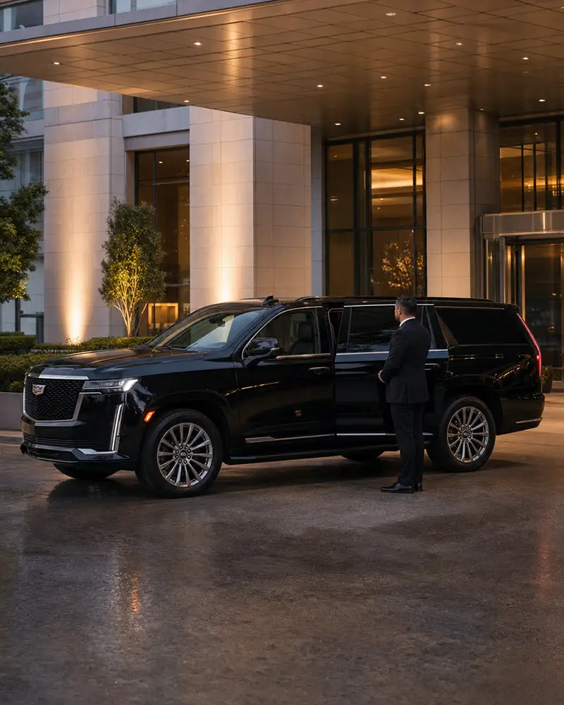 Corporate event transportation chauffeured Cadillac Escalade ESV at Newark conference venue for evening gala