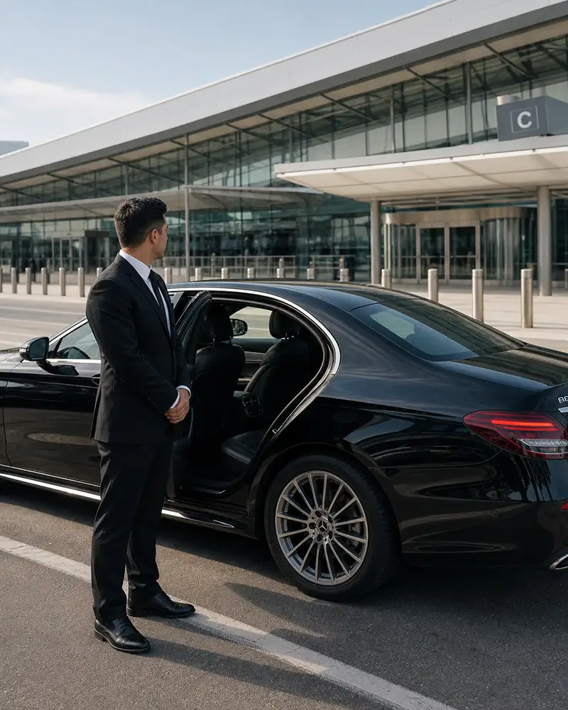 Corporate transportation Newark executive airport transfer in Mercedes-Benz E-Class Business Class Sedan at EWR Terminal C