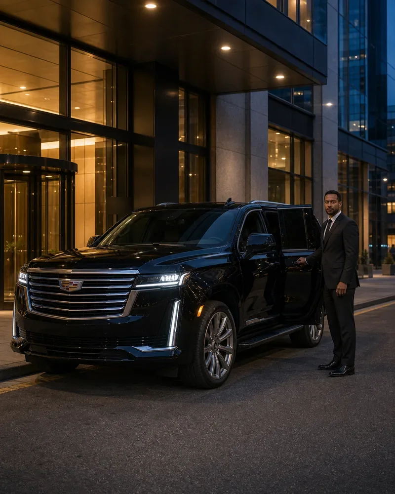 Cadillac Escalade ESV staged outside a Newark office tower for a corporate executive pickup to EWR