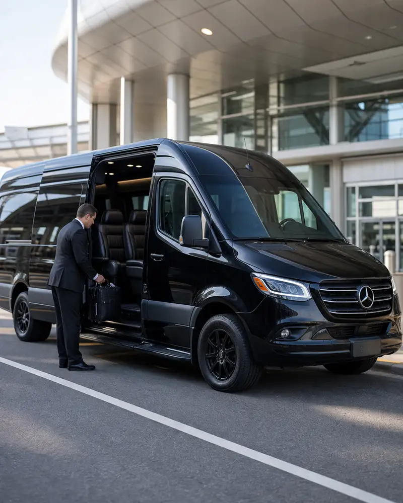 Corporate group transfer Mercedes-Benz Sprinter Van at Newark Airport for visiting team arrival
