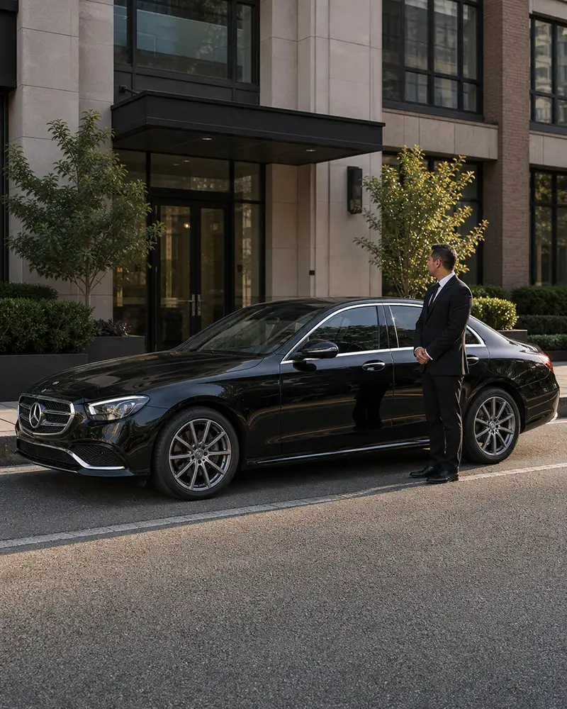 Corporate recurring trip pickup with chauffeured Mercedes-Benz E-Class Business Class Sedan outside Newark office for weekly executive transfer