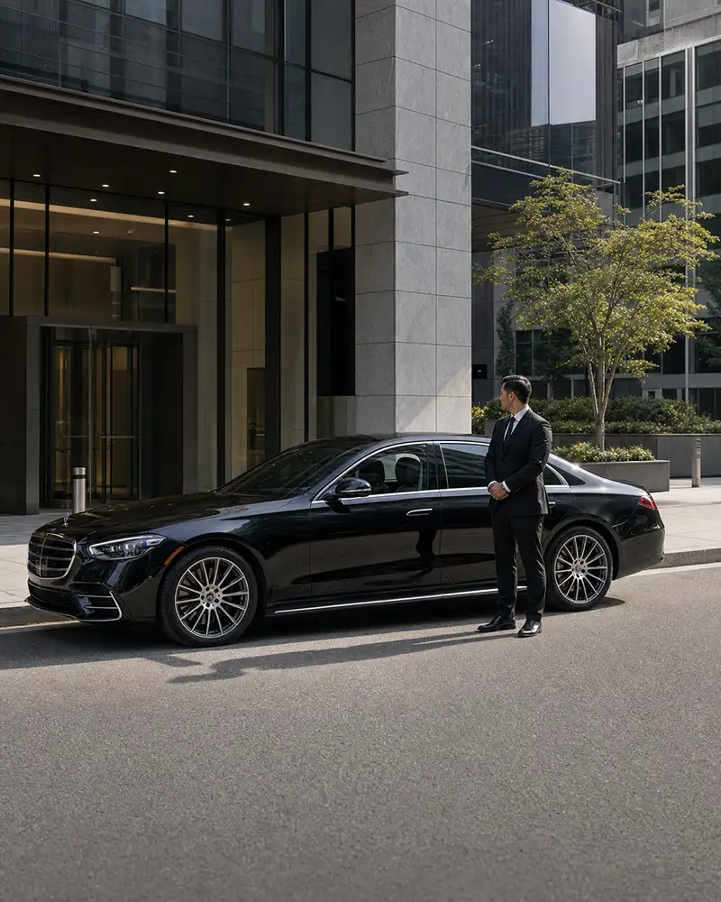 Corporate roadshow chauffeured Mercedes-Benz S-Class in Newark financial district for multi-day investor meetings