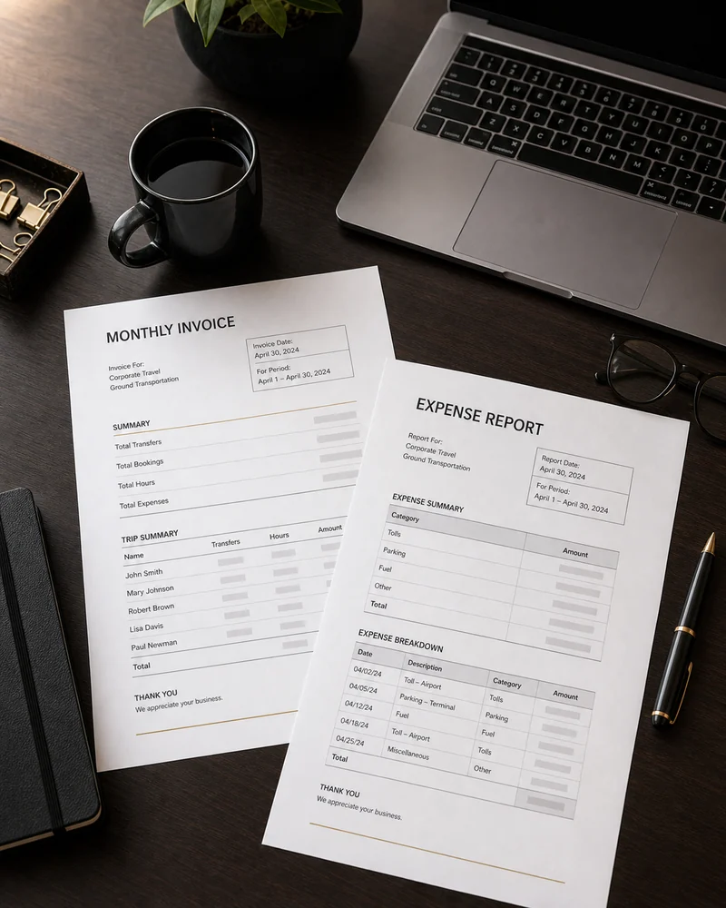 Corporate travel monthly billing and expense report for a car service account